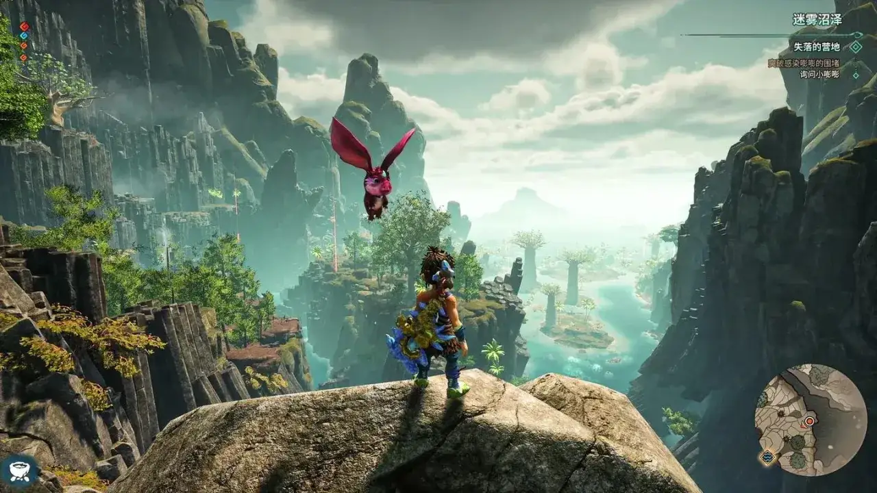 Personaje en un acantilado mira a un dragón volador en un mundo de fantasía. Un juego de estrategia para PS5.
