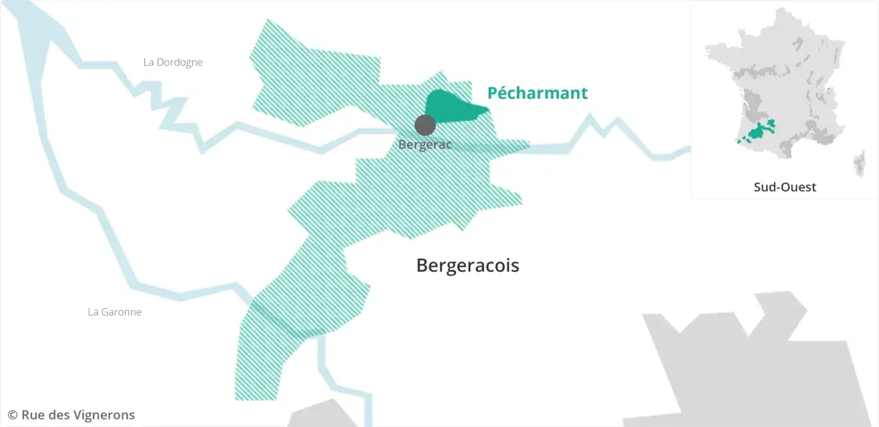 Carte du vignoble de Bergerac, montrant la zone de Pécharmant, près de la Dordogne et de la Garonne.
