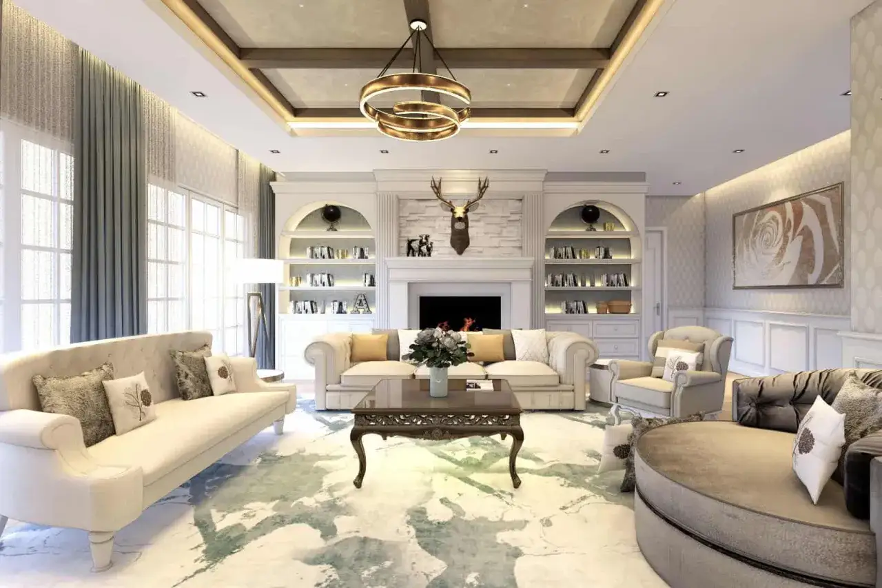 Elegancki salon w stylu angielskim z kominkiem, regałami i wygodnymi sofami.