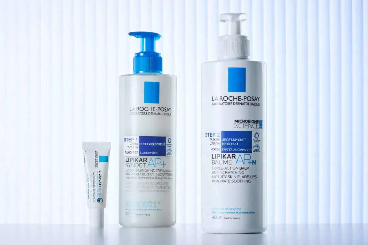 La Roche-Posay Lipikar-produkter för torr hud, inklusive tvättkräm och balm. Perfekt för att lindra torrhet och klåda, även för nyfödda.