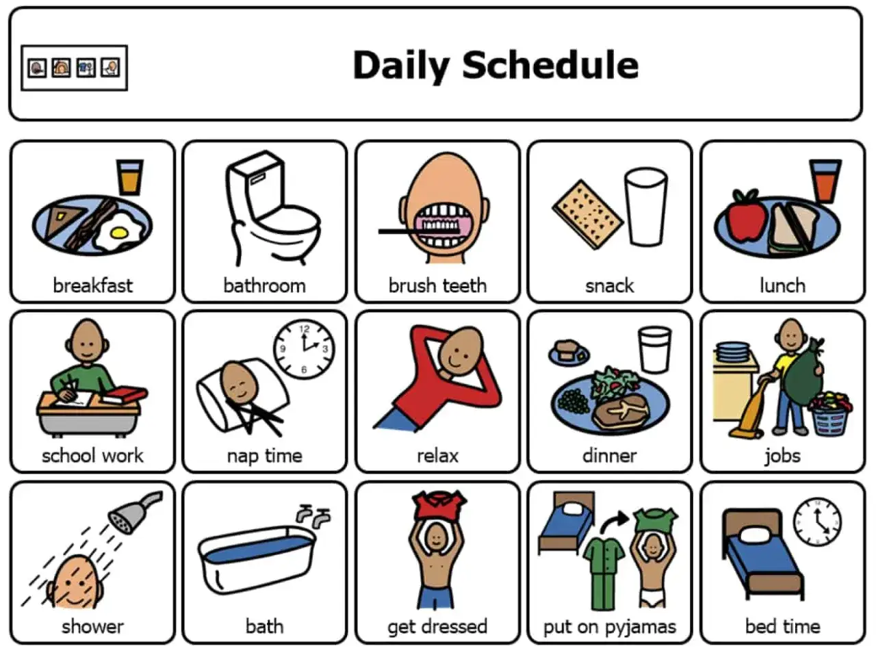 Tagesplan mit Piktogrammen: Frühstück, Bad, Zähneputzen, Snack, Mittagessen, Hausaufgaben, Mittagsschlaf, Entspannung, Abendessen, Jobs, Dusche, Badewanne, Anziehen, Schlafanzug anziehen, Schlafenszeit. Hilft bei ADHS Impulskontrolle.