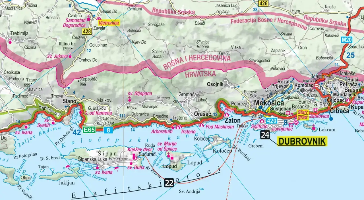 Mapa okolic Dubrownika, idealna do planowania, gdzie do Chorwacji. Widoczne wyspy Koločep, Lopud, Šipan i Lokrum.