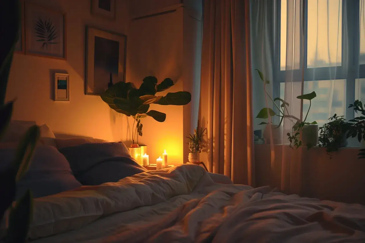 Atmosfera rilassante con candele accese e piante, ideale per capire come dormire bene e svegliarsi riposati.