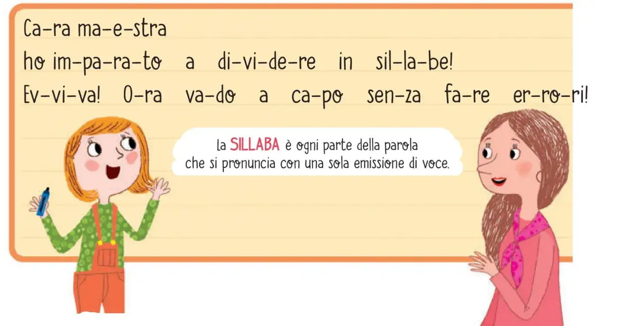 Bambina entusiasta impara il gioco divisione in sillabe con la maestra. Impara a dividere le parole senza errori!