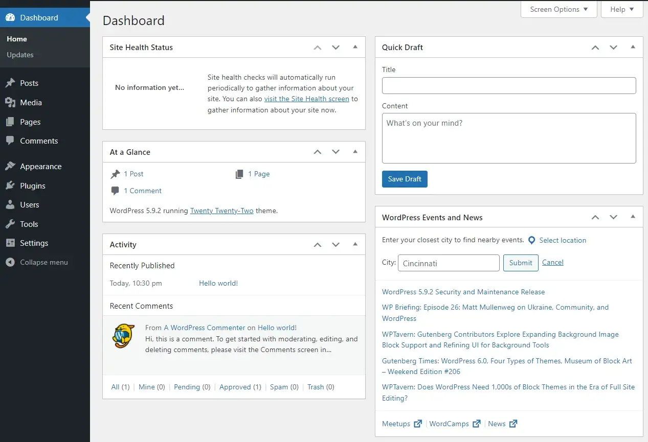 Tableau de bord WordPress avec le th&egrave;me 