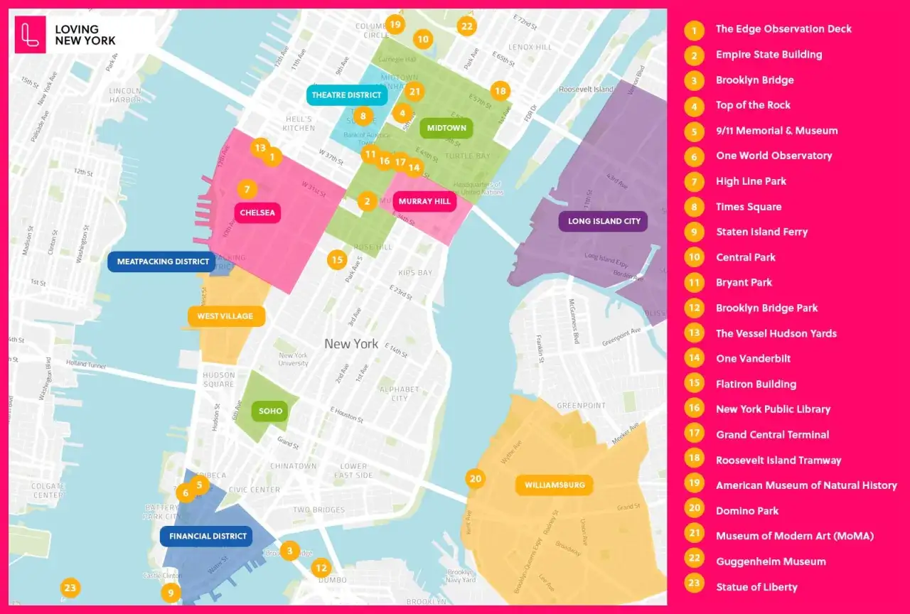 Karta &ouml;ver New York med sev&auml;rdheter. Tips f&ouml;r hotell i New York hittar du h&auml;r, med allt fr&aring;n Central Park till Frihetsgudinnan.