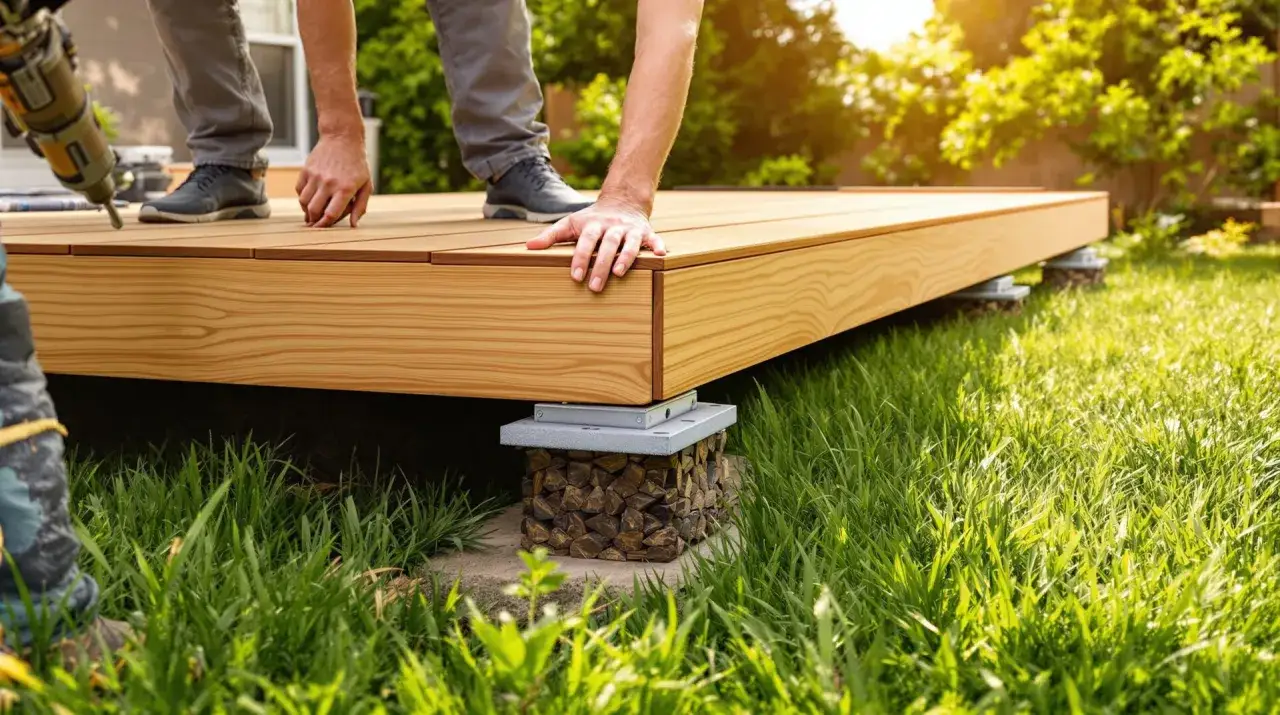 Construction d'une terrasse en bois sur pelouse. Des mains ajustent les lames d'une nouvelle terrasse surélevée, posée sur des supports discrets.