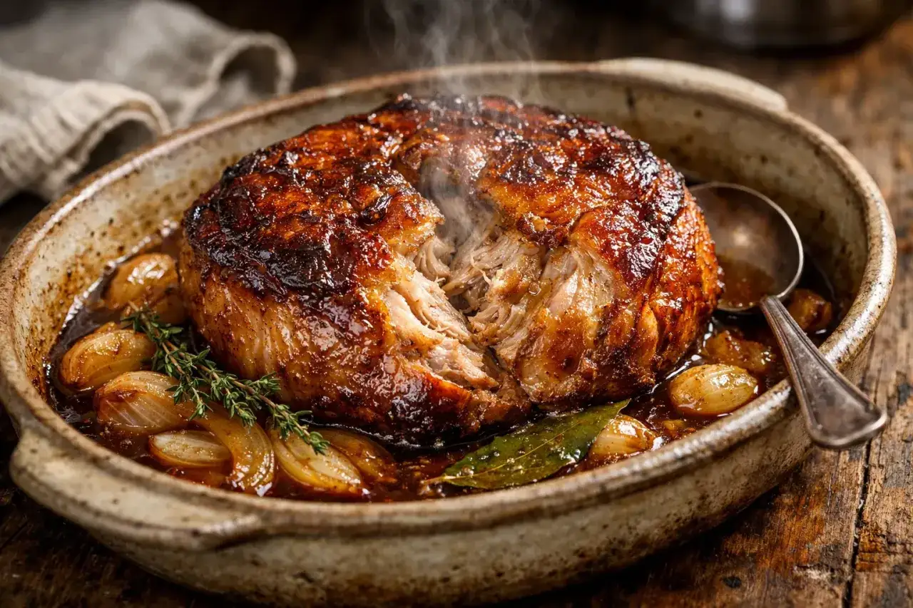 Rouelle de porc rôtie, tendre et juteuse, baignant dans une sauce savoureuse avec des oignons caramélisés. Une recette qui promet un délice.