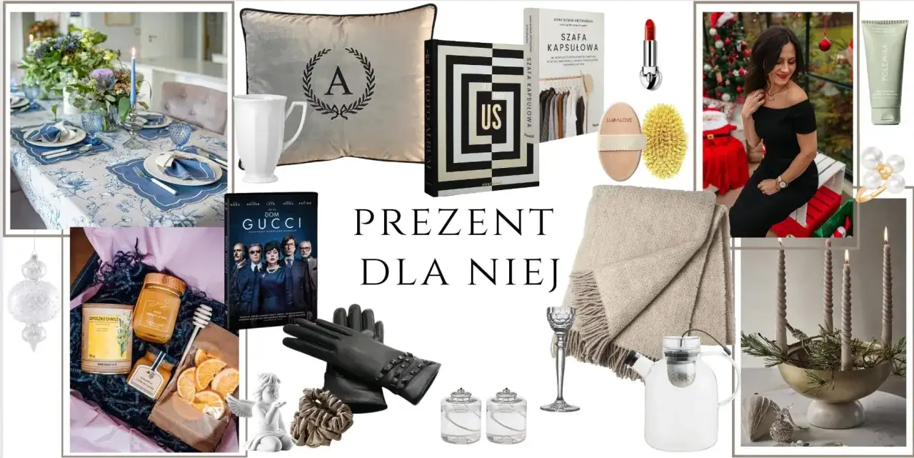 kolaż prezentów dla różnych typów dziewczyn, np. książka, kosmetyki, sprzęt sportowy, biżuteria