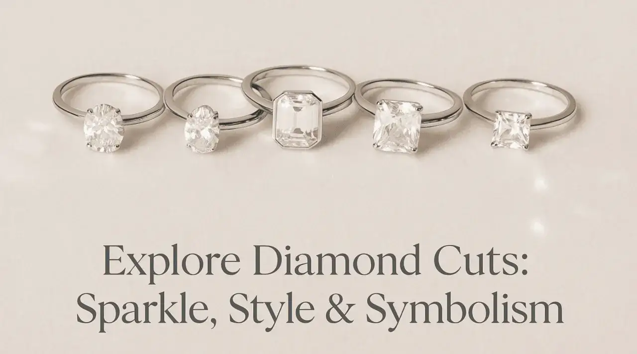 Fünf Ringe mit verschiedenen Diamantschliffen, die die diamant bedeutung von Eleganz und Ewigkeit symbolisieren.