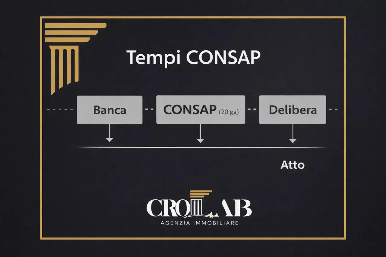 Schema dei tempi per la delibera del mutuo: Banca, CONSAP (20 gg), Delibera, Atto.