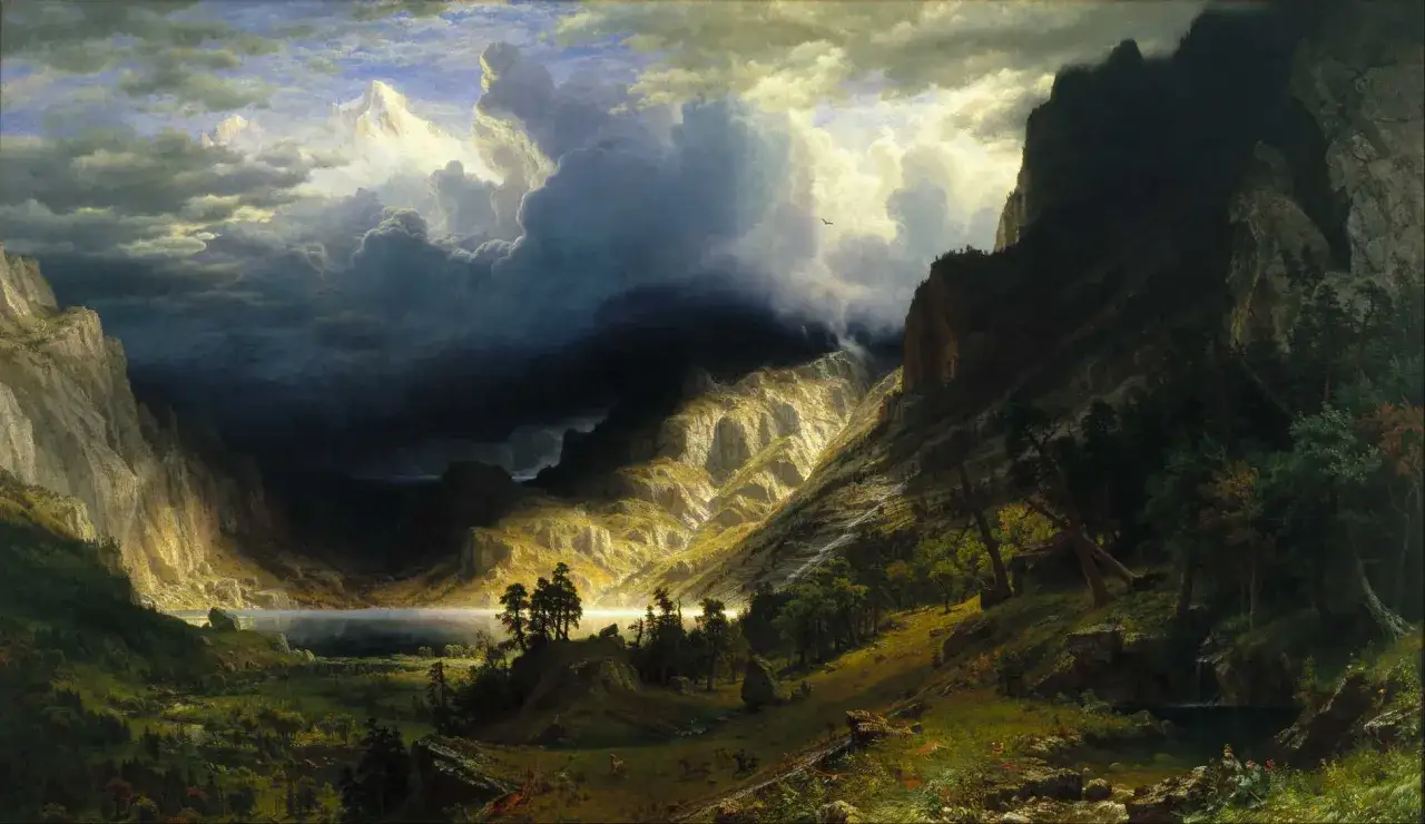 A dramatic mountain valley with a lake, a waterfall, and a storm brewing, a scene worthy of famous landscape artists.