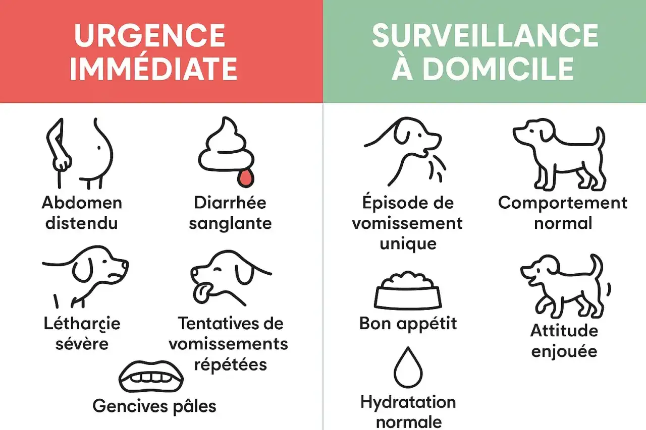 Illustration d'un chien qui vomit, indiquant un épisode de vomissement unique, sous la section