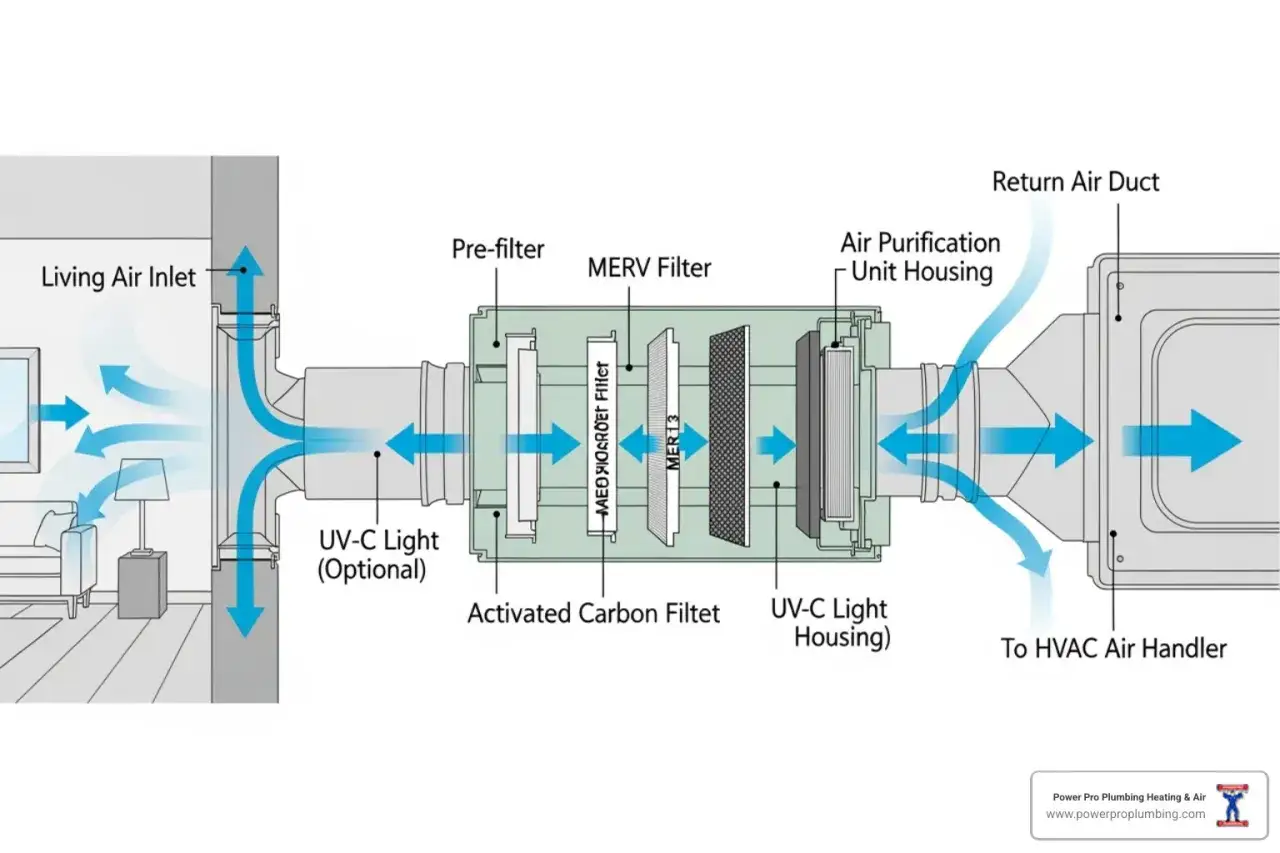 Diagrama ilustra como funciona un purificador de aire: el aire de la sala pasa por prefiltros, filtro MERV, carb&oacute;n activado y luz UV-C antes de regresar al sistema HVAC.