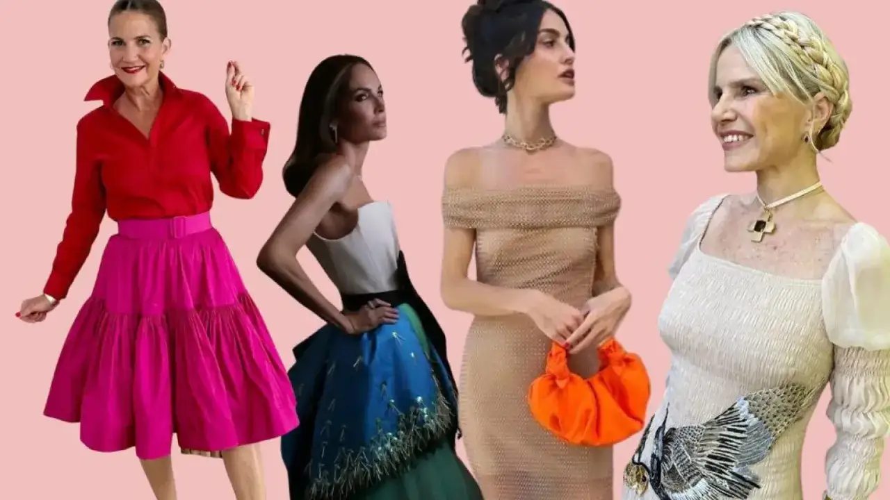 Estilos elegantes de invitadas a la boda de Tamara Falc&oacute;: rojo vibrante, blanco y azul, dorado y crema con detalles.