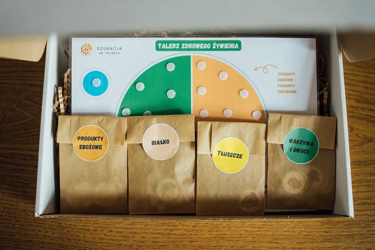 Zestaw do nauki zdrowego żywienia dla 2 latka: talerz, woreczki z etykietami (produkty zbożowe, białko, tłuszcze, warzywa i owoce).