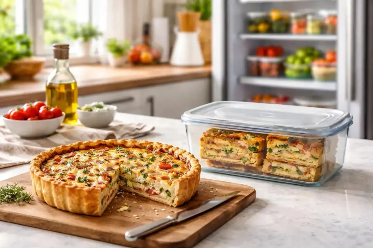 Une quiche savoureuse coup&eacute;e en parts, pr&ecirc;te pour la conservation au frigo dans une bo&icirc;te herm&eacute;tique.