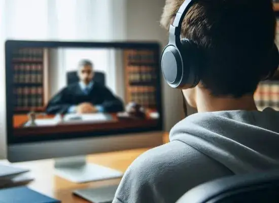 osoba uczestnicząca w rozprawie online, wideokonferencja sądowa, przygotowanie do rozprawy zdalnej