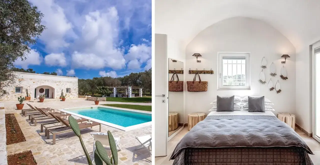 Una moderna casa di campagna con piscina e un accogliente interno camera da letto.