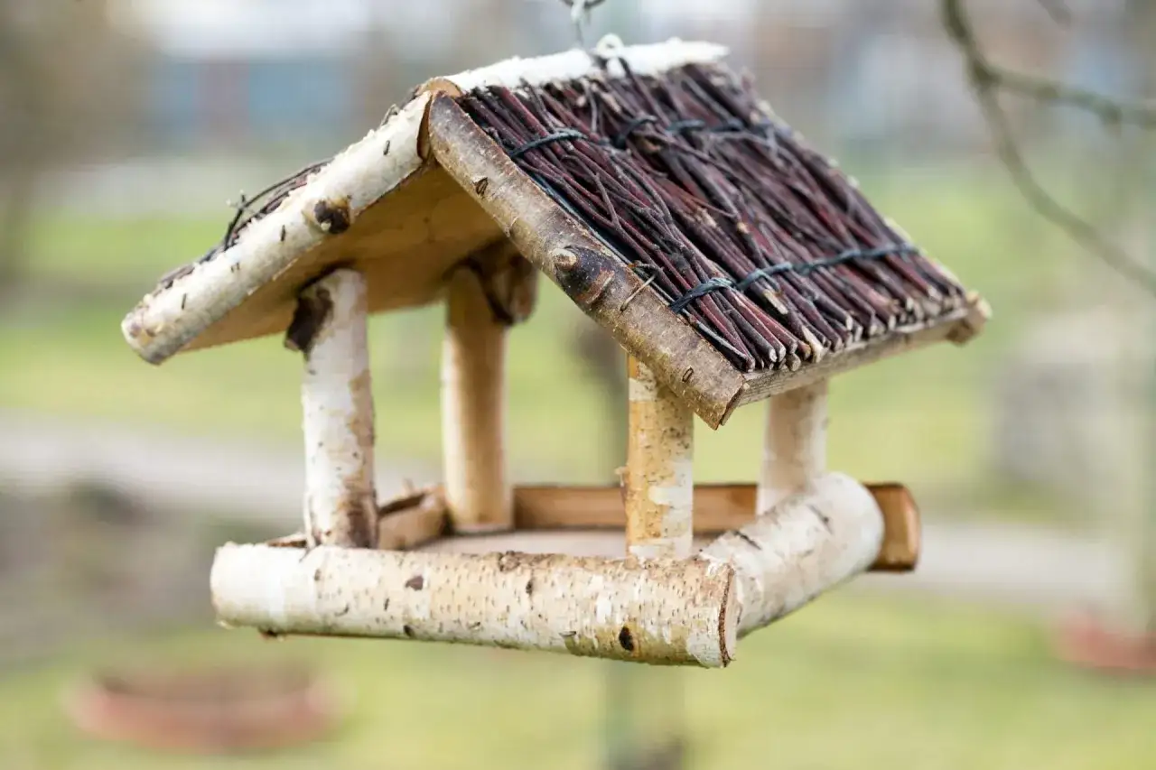 Ein selbstgebautes vogelfutterhaus aus Holz und Zweigen, bereit für gefiederte Gäste.