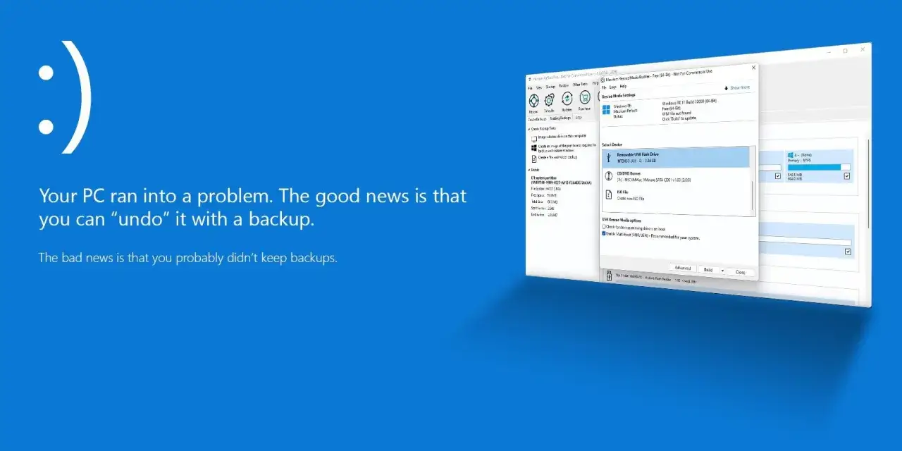 Tworzenie nośnika ratunkowego w Macrium Reflect, gdy system Windows napotkał problem.