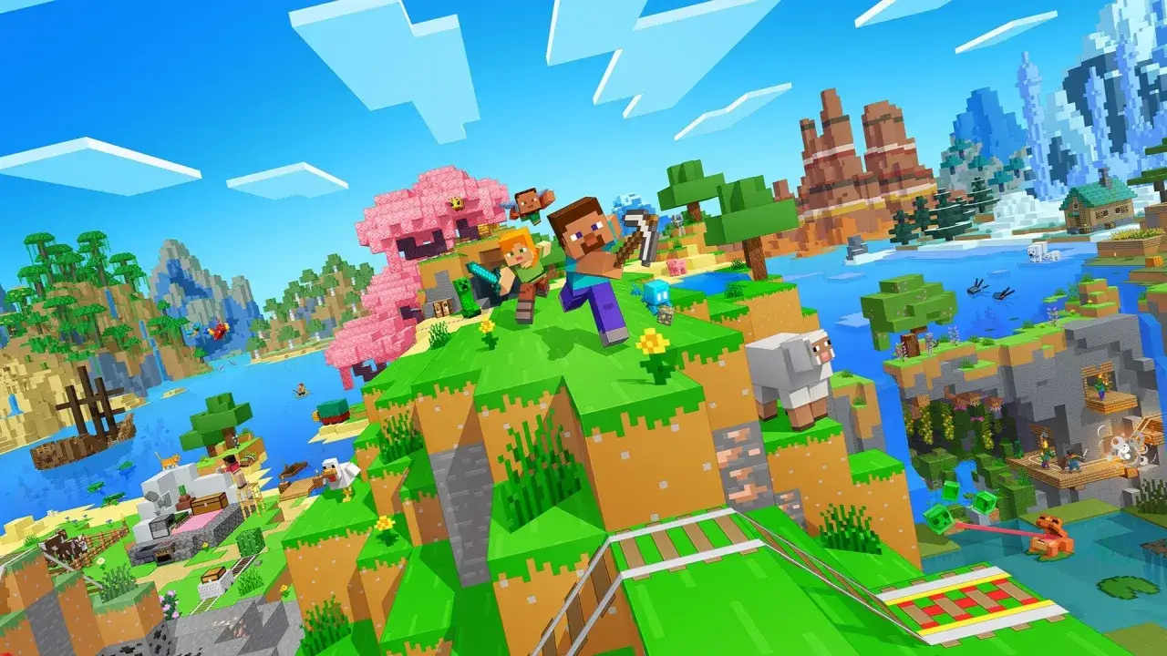 Steve i Alex eksplorują świat Minecrafta, szukając najlepszych mod&oacute;w do gry. W tle widać r&oacute;żowe drzewa, g&oacute;ry i wodę.