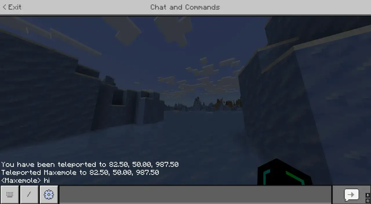 Wskazówki jak teleportować się w Minecraft. Gracz został przeniesiony do nowych współrzędnych w lodowym biomie.