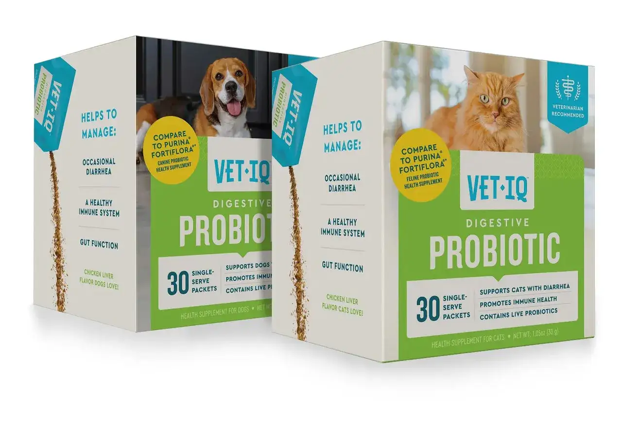 Boîtes de probiotiques VET-IQ pour chiens et chats. La question