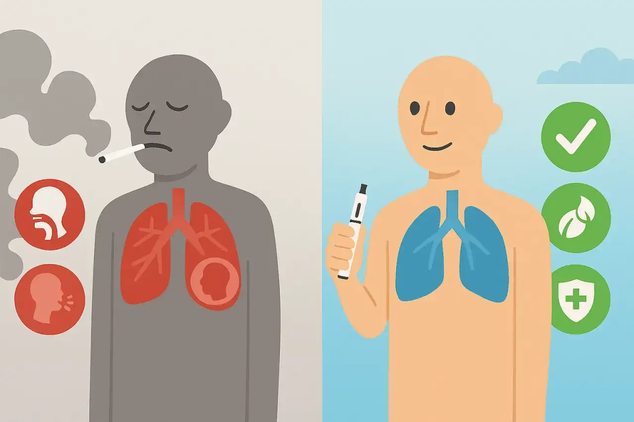 Comparaci&oacute;n de pulmones: uno gris con cigarrillo y humo, el otro azul con dispositivo electr&oacute;nico. IQOS opiniones m&eacute;dicas.
