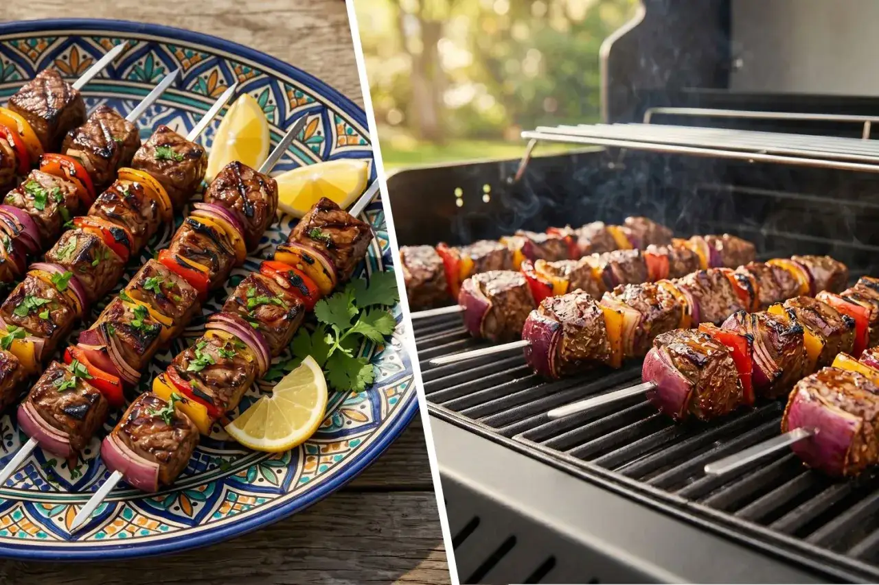Soczysta baranina w kebabie na szaszłykach z warzywami, grillowana na ruszcie. Aromatyczne danie w letnim ogrodzie.