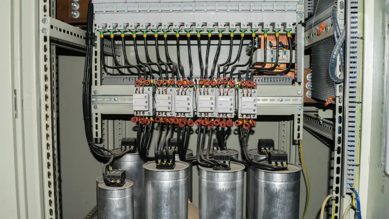 Wnętrze szafy elektrycznej z rzędami przekaźników i dużymi cylindrycznymi kondensatorami. System PFC zapewnia stabilność zasilania.
