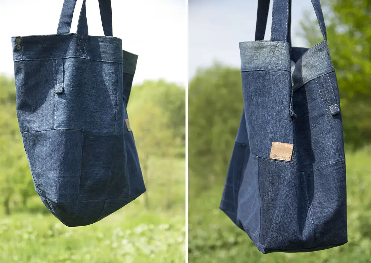 Torba DIY z denimu, patchworkowa, z kieszeniami i skórzaną naszywką. Idealna na zakupy lub jako dodatek.