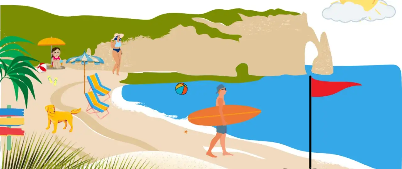Słoneczny dzień na plaży, idealny na kąpieliska w Polsce. Dziecko pod parasolem, surfer z deską, piesek i leżaki.