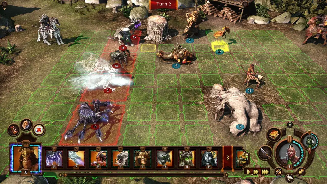Bitwa w świecie Might and Magic. Potężny pająk i lodowy duch walczą z bestiami.
