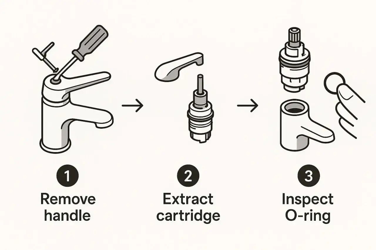 Étapes pour changer joint robinet : retirer la poignée, extraire la cartouche, inspecter le joint torique.