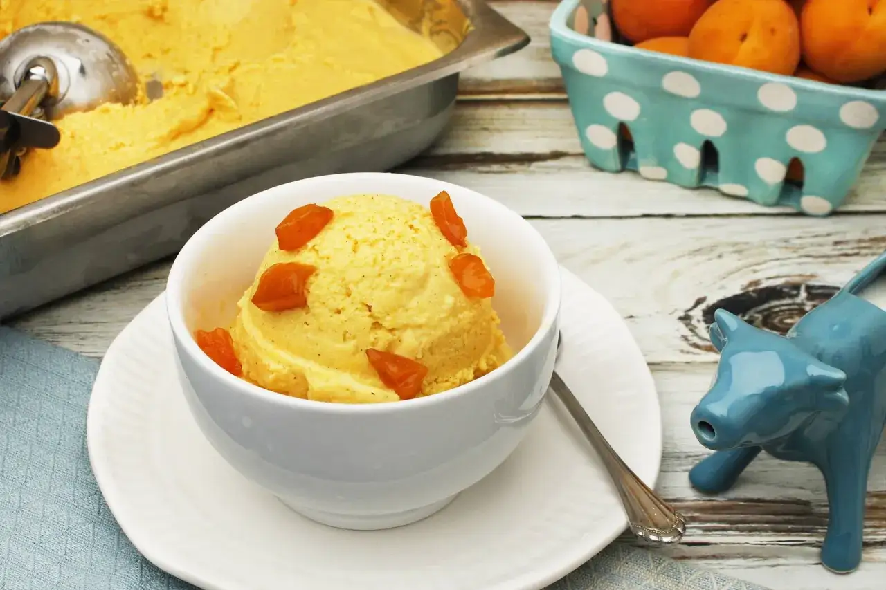 Ein Löffel cremiges Aprikosen Eis, garniert mit Fruchtstücken, steht in einer Schale. Daneben ein Behälter mit frischen Aprikosen.