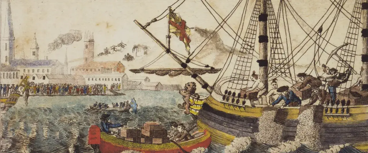 Människor kastar te i vattnet från ett skepp, en av de orsaker till amerikanska revolutionen.