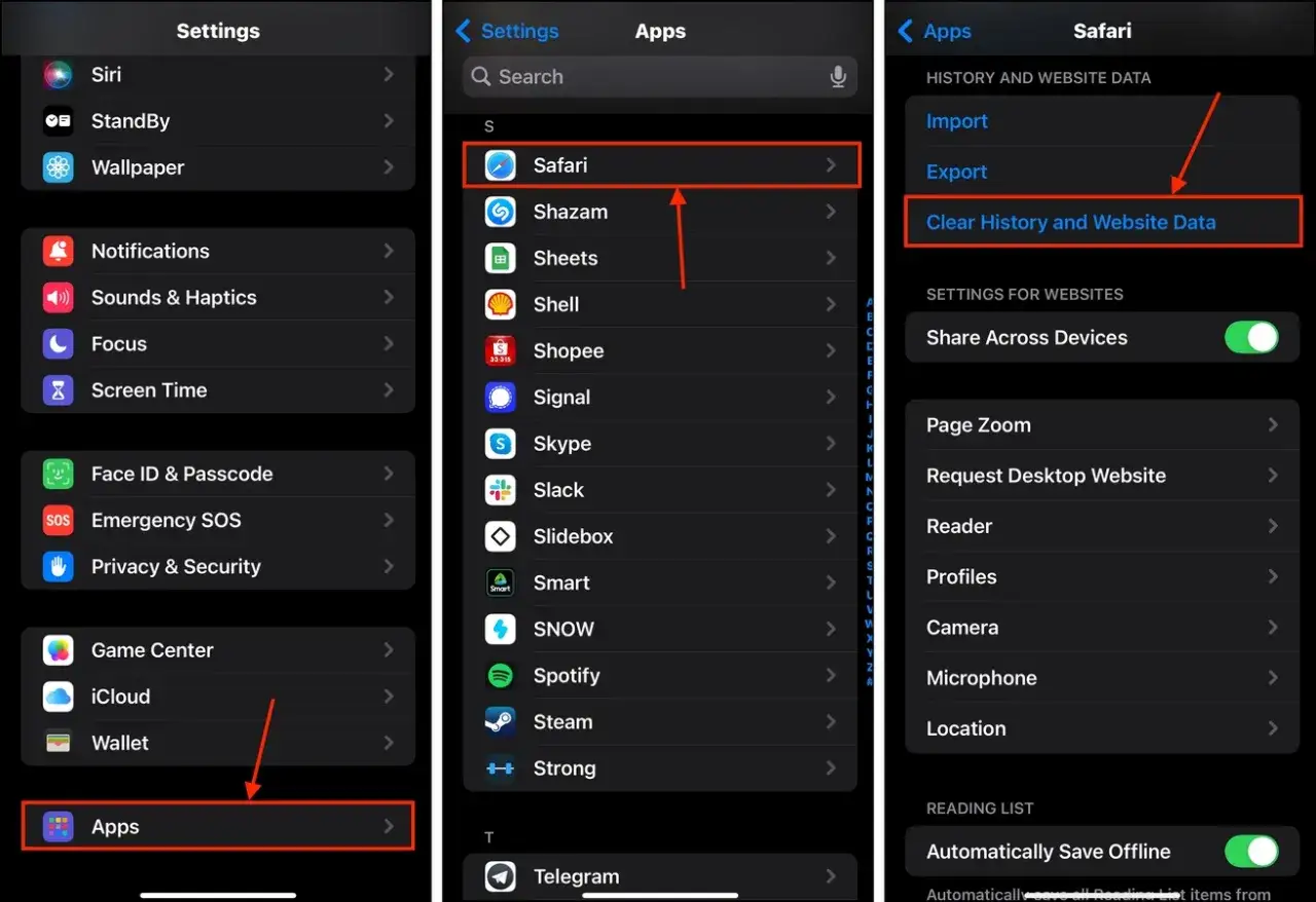 Steg för att rensa historik iPhone: Gå till Inställningar > Safari > Rensa historik och webbplatsdata.