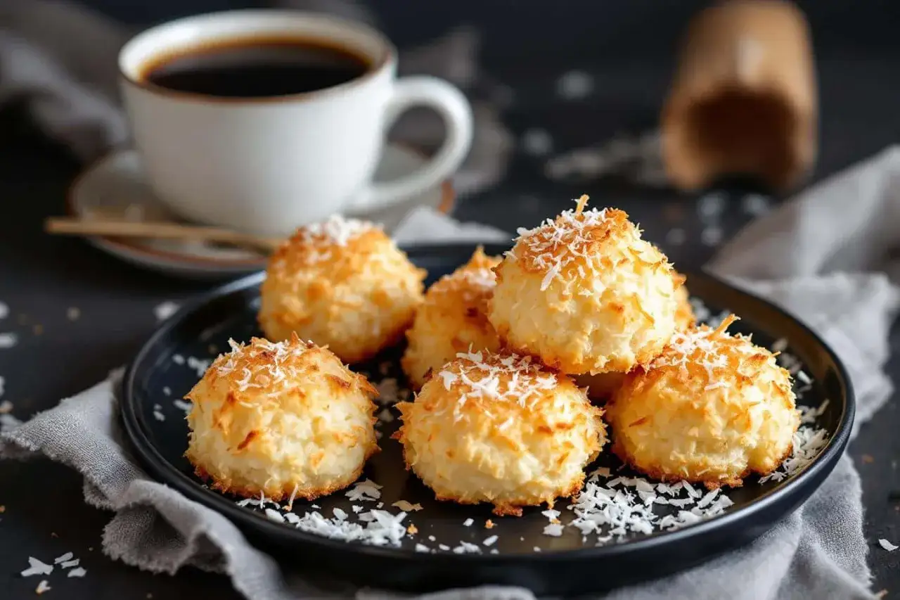 Des rochers coco dor&eacute;s et moelleux, parsem&eacute;s de noix de coco r&acirc;p&eacute;e, pr&ecirc;ts &agrave; &ecirc;tre d&eacute;gust&eacute;s avec un caf&eacute; noir.