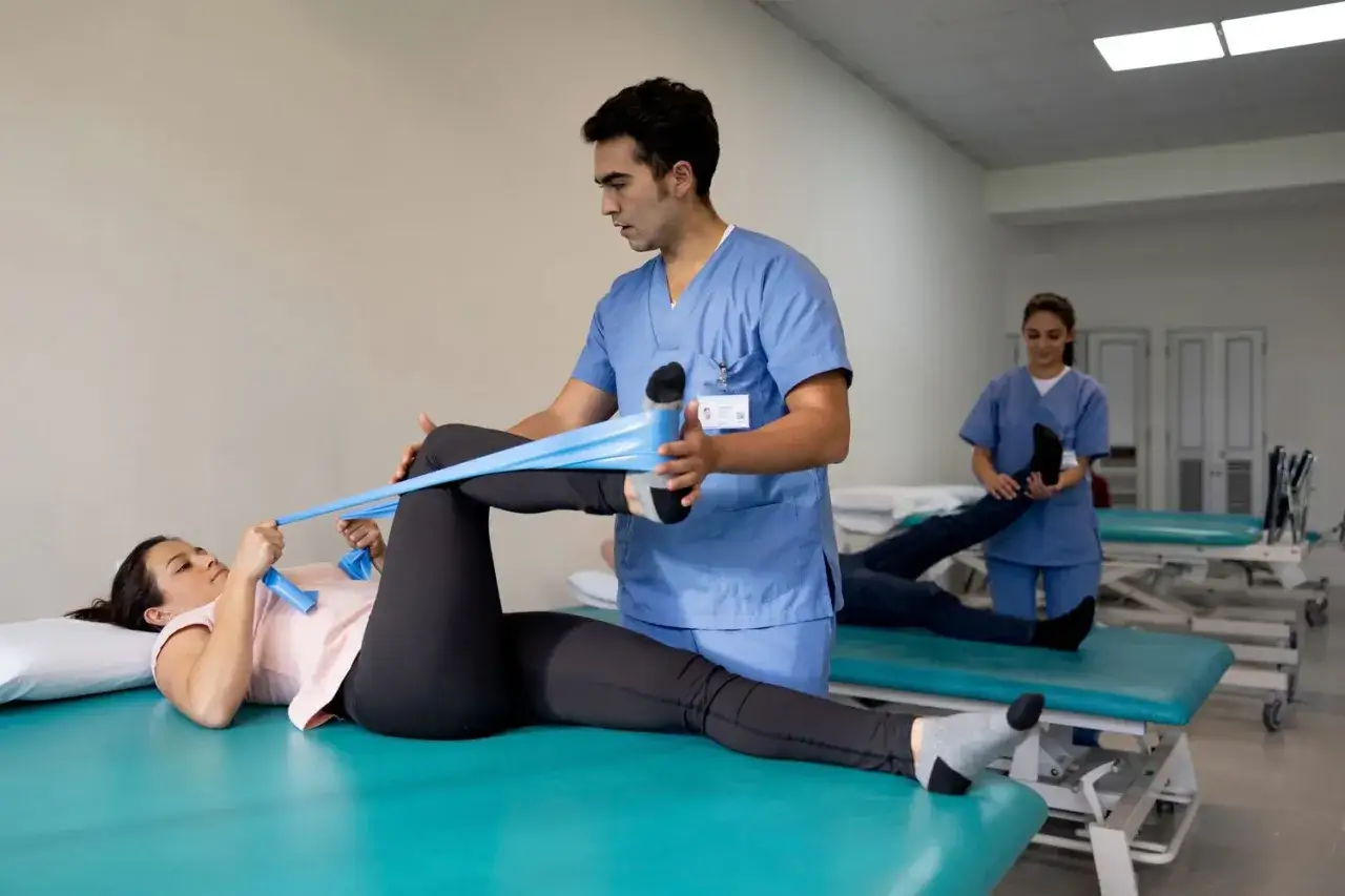 Fizjoterapeuta pomaga pacjentce w ćwiczeniach z taśmą oporową, kluczowych dla rehabilitacji po operacji kręgosłupa.