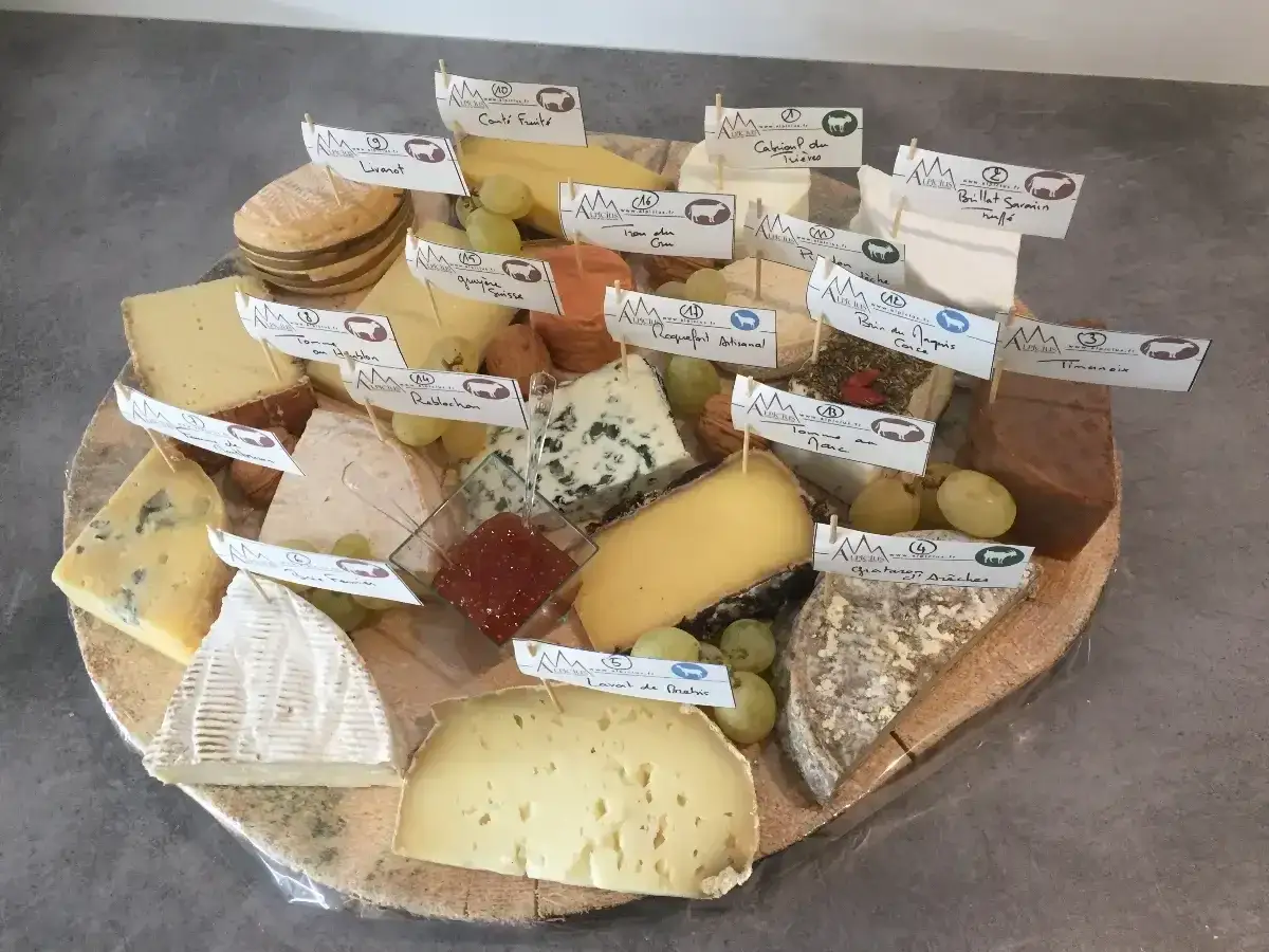 Plateau de fromages ferment&eacute;s vari&eacute;s, avec des &eacute;tiquettes indiquant leurs noms. Des grappes de raisin accompagnent cette s&eacute;lection.