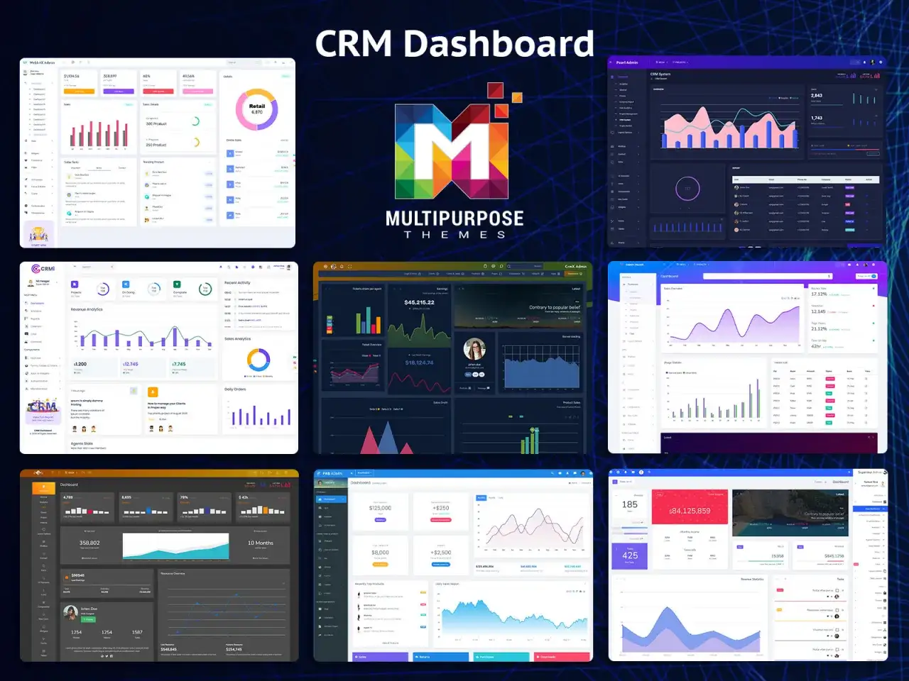 Plusieurs tableaux de bord visuels pour une solution de gestion de la relation client (CRM), affichant des graphiques, des statistiques et des données clés.