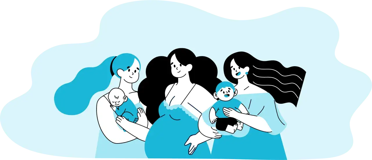 Trzy kobiety w niebieskich sukienkach, dwie z nich trzymają dzieci. Ilustracja symbolizuje wsparcie i troskę, przeciwdziałając syndromowi braku matki.