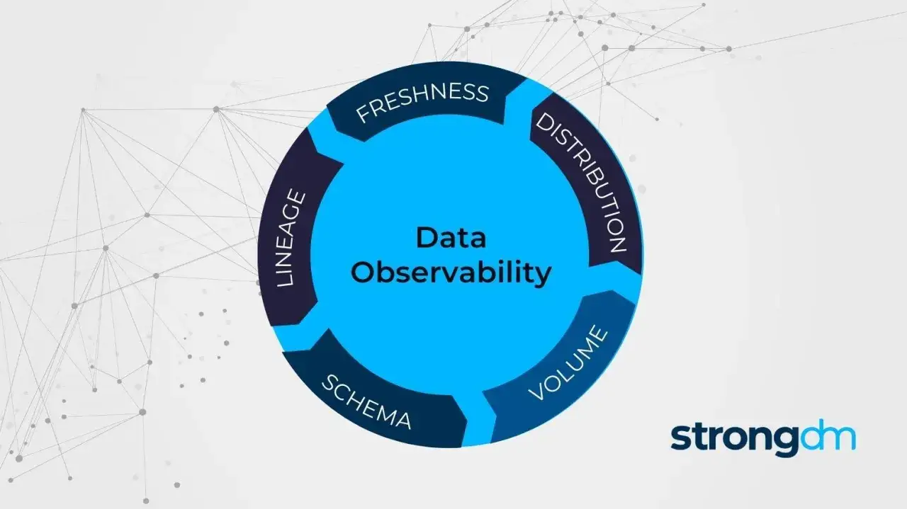 Diagram illustrating data observability with key aspects like freshness, distribution, volume, schema, and lineage, relevant to NIST log management.