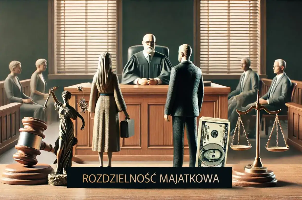 Sądowa sala, gdzie rozstrzygane są kluczowe pytania na sprawie o rozdzielność majątkową. Sędzia, strony, pieniądze i waga sprawiedliwości.