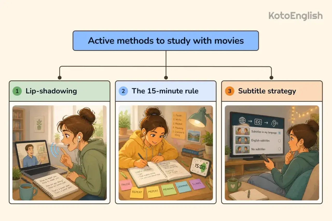 Metodi attivi per studiare l'inglese con i film: lip-shadowing, la regola dei 15 minuti e la strategia dei sottotitoli. Ideale per un film inglese livello B1.