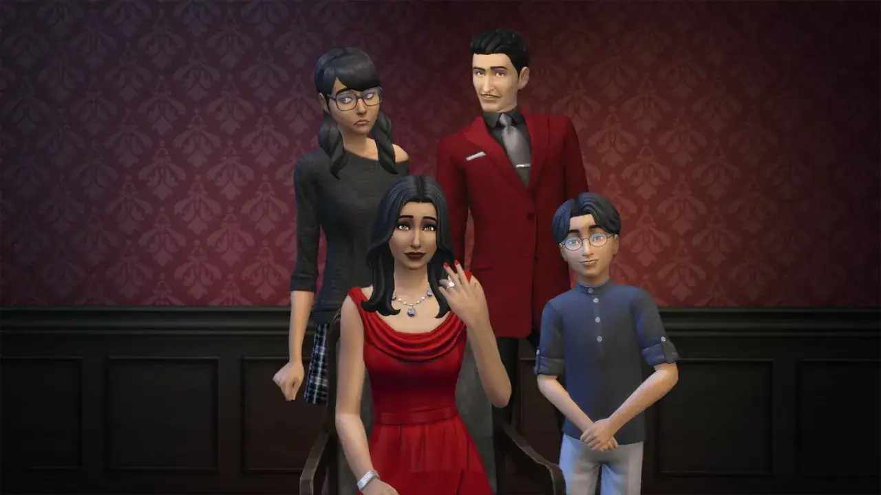 Rodzina Ćwir z The Sims 4 pozuje do portretu. Elegancka mama w czerwonej sukni, tata w garniturze, nastoletnia córka i młodszy syn.