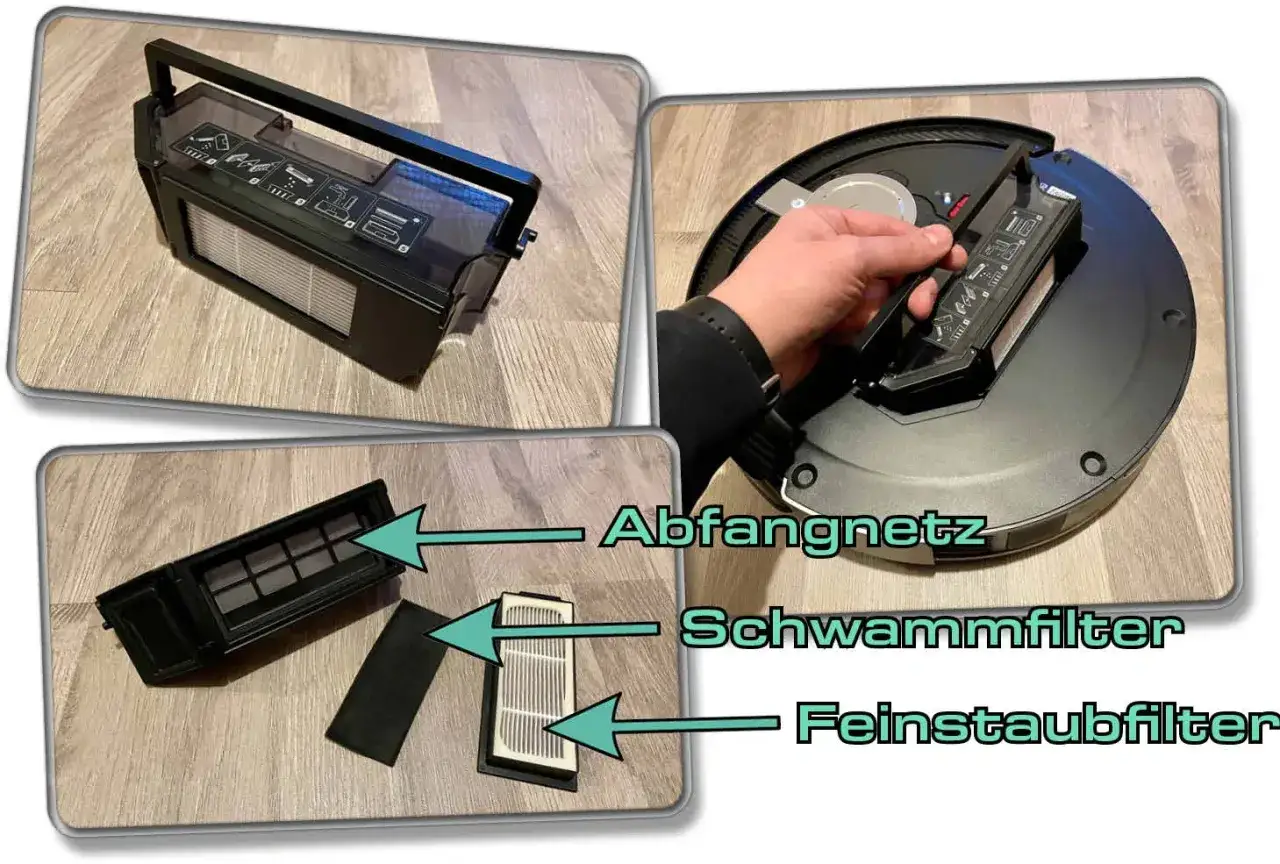 Anleitung zum Wechseln des Staubbeutels bei einem Ecovacs Saugroboter. Filter und Staubbehälter werden gezeigt.