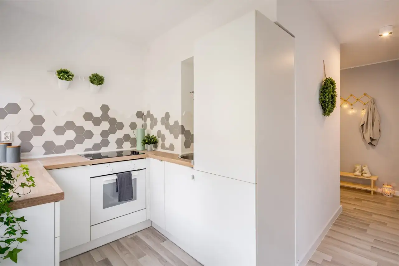 Une cuisine moderne avec une crédence hexagonale grise et blanche, des plantes vertes et une décoration murale subtile.