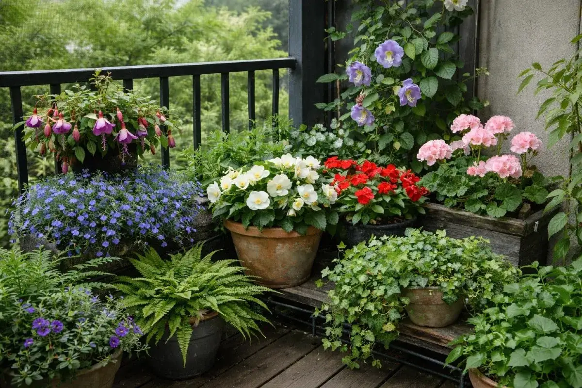 En lummig balkong med m&aring;nga blommor i krukor. H&auml;r finns fuchsia, bl&aring; lobelia, vita och r&ouml;da begoniar, rosa pelargoner och ormbunkar. En h&auml;rlig oas med blommor p&aring; balkong.